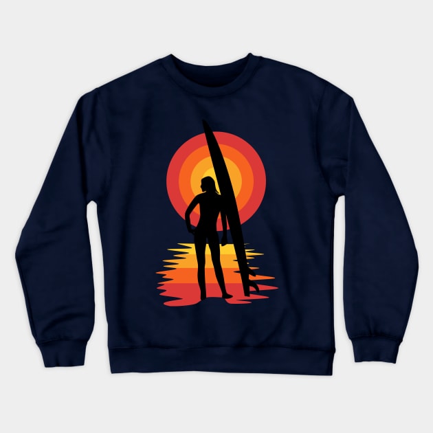 Surfer girl silhouette in front of sunset Crewneck Sweatshirt by All About Nerds